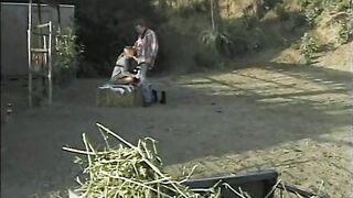Blonde with black pussy lips fucks hardcore near outbuilding