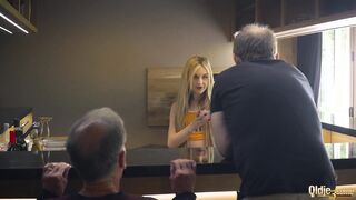 Super hot and horny teens share grandpa cock and swallow his load after having hot sex